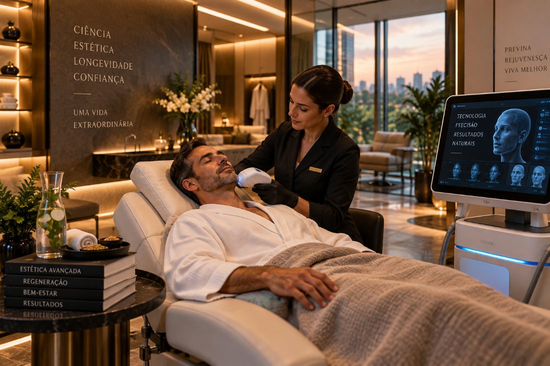 Paciente recebendo um procedimento estético facial em poltrona reclinável, com equipe ao lado.